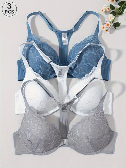 3pcs Front Closure Lace Patchwork Bras for Women with Underwire, Push-Up, Anti-Sagging, Sexy Back Design, Suitable for Dating