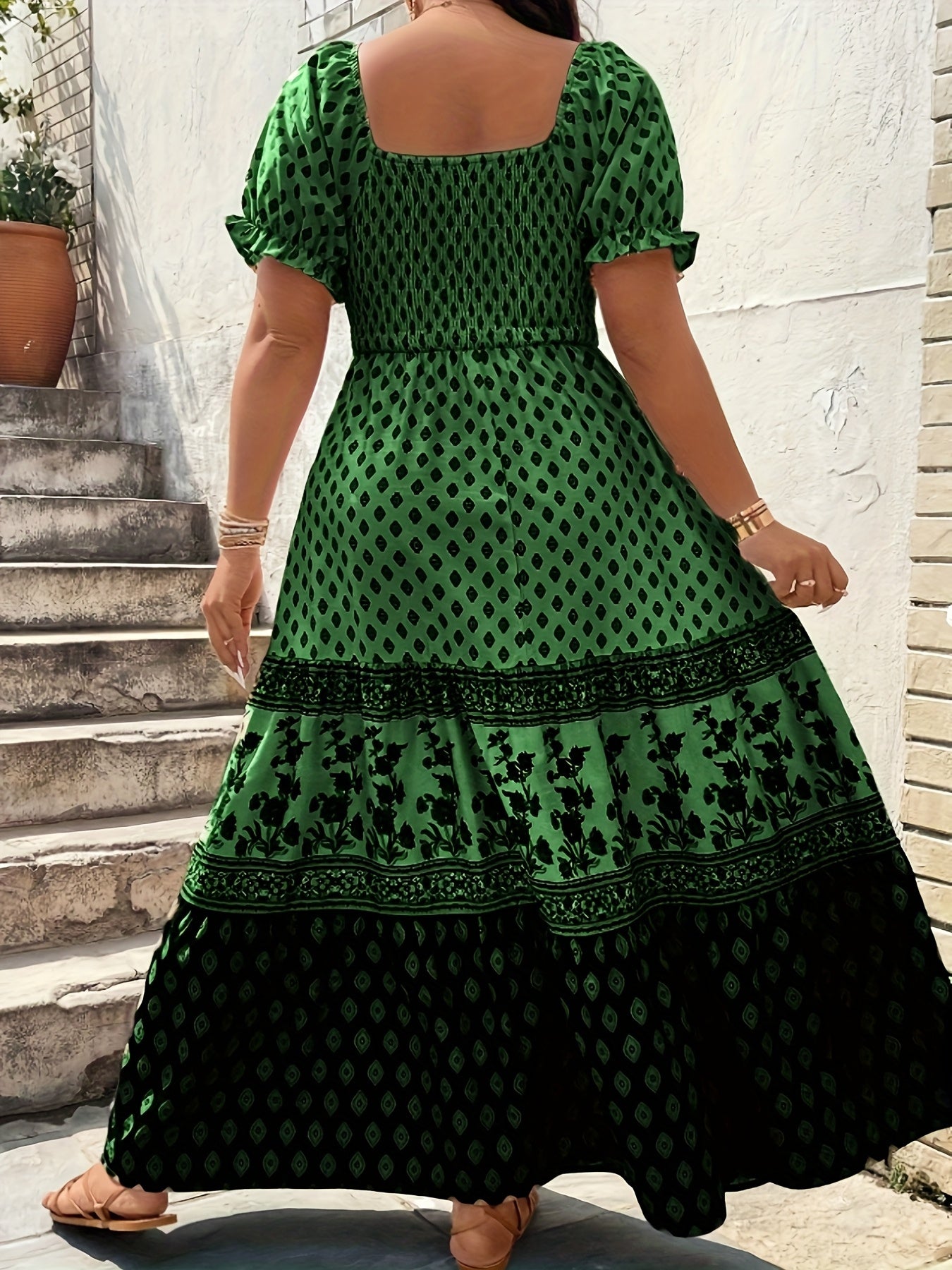 Plus Size - 1pc Spring Summer Mother'S Day Plus Size Women Elegant Bohemian Maxi Dress - Square Neck Puff Sleeve Smocked Bodice Floral Geometric Print Tiered Long Skirt Sophisticated Graceful Style For Vacation Beach Party Wear