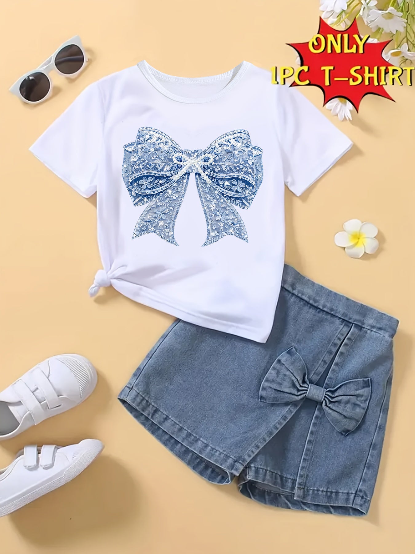 [Bow Print T-Shirt] Casual Bow Print Short-Sleeved T-Shirt for Girls (One Top Only, Bottoms Not Included), Soft and Comfortable Round Neck Top for Girls, Casual, Stylish and Versatile, Suitable for Casual Attire and Outdoor Activities, Teenage Clothing