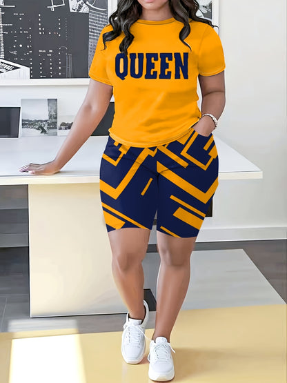 Plus Size Letter Print Casual Shorts Set, Crew Neck Short Sleeve Top & Pocket Shorts Outfits For Spring & Summer, Women's Plus Size Clothing