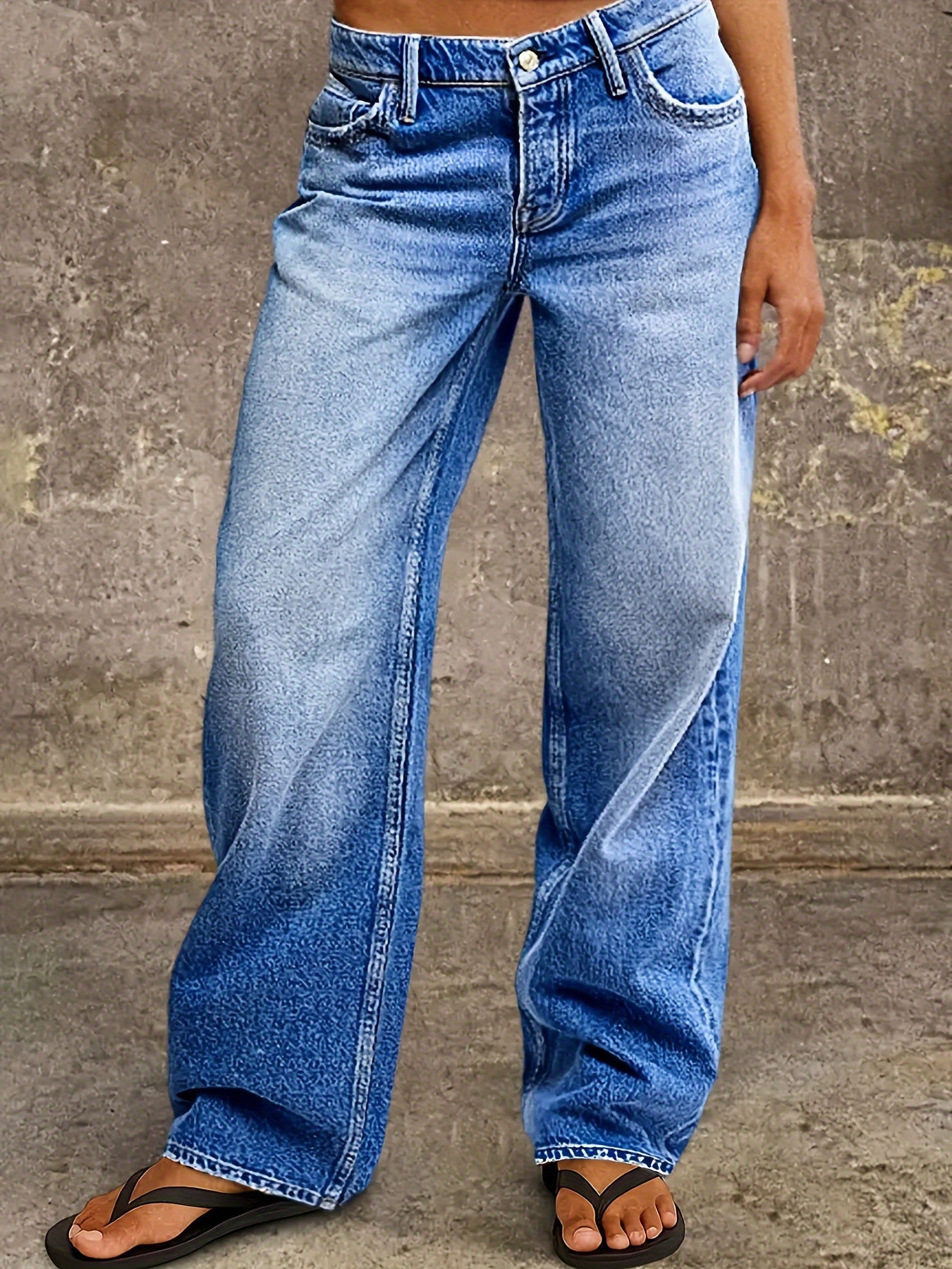 New Four Seasons Jeans|Classic Blue Washed Denim. Vintage Wide-leg Jeans Women's High-street Topstitch Back Pocket Casual Trousers Women's Clothing