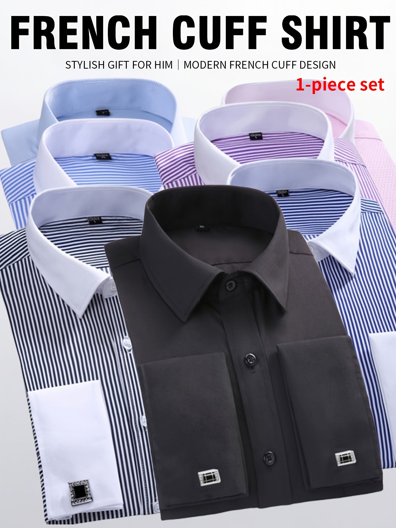 2026 French Cuff Dress Shirt 1pc For Men With FREE Random Cufflinks Set - Luxury Formal Wedding Shirt, Business Office Elegant Attire