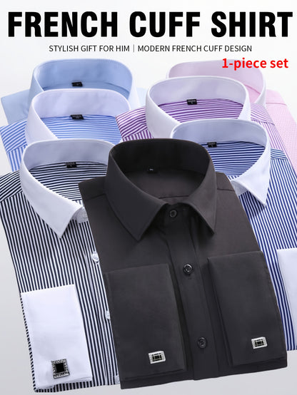 2026 French Cuff Dress Shirt 1pc For Men With FREE Random Cufflinks Set - Luxury Formal Wedding Shirt, Business Office Elegant Attire