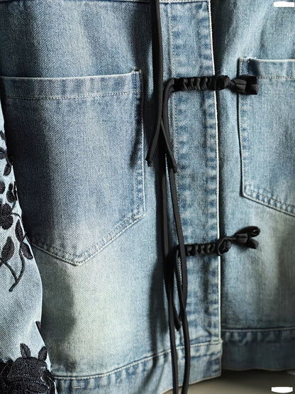 Chinese Style Jacket Women's Non-Stretch Denim Jacket - Vintage Chinese Knot Accent, Lightweight Spring/Fall Coat Non-Transparent Casual Outerwear, Transitional Weather Wear, Intricate Embroidery, Chinese New Year Clothes
