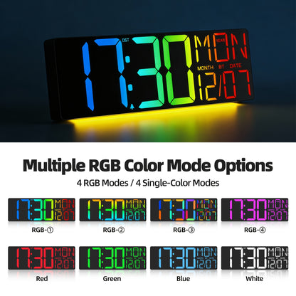 18" LED Digital Wall Clock with 8 RGB Color Display | Remote Control, 10-Level Dimmable Light, DST, Timer, Temperature, Alarm, Nightlight, Perfect Gift for Halloween, Thanksgiving, Christmas
