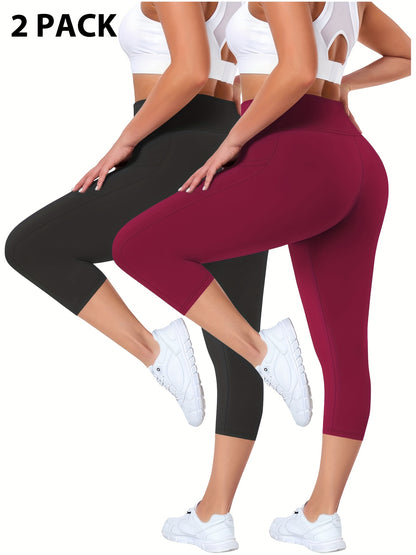 Plus Size - 2pcs Set - Plus Size High-Waisted Pocket Capri Pants - Soft Suitable for And Workouts - Elegant Style - New Spring And Summer Collection - Targeted Design