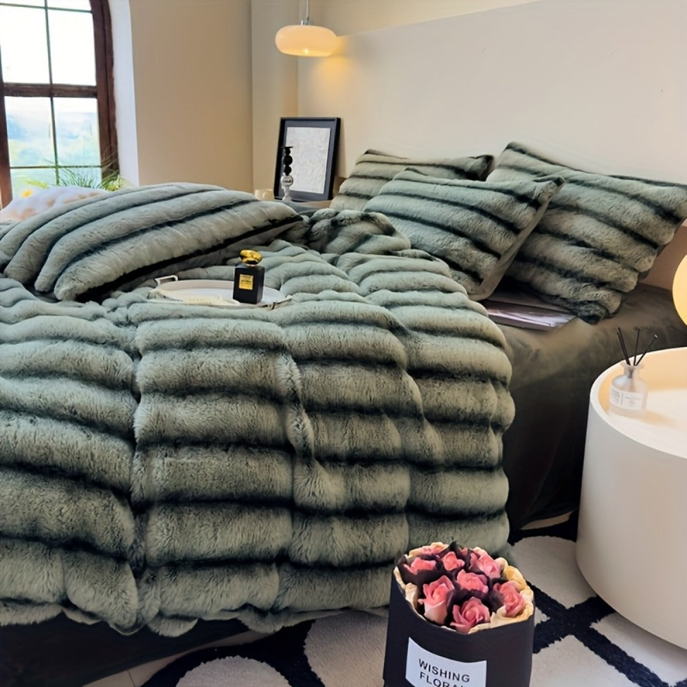 Faux Rabbit Fur Throw Blanket - Striped Double-Sided Flannel Back