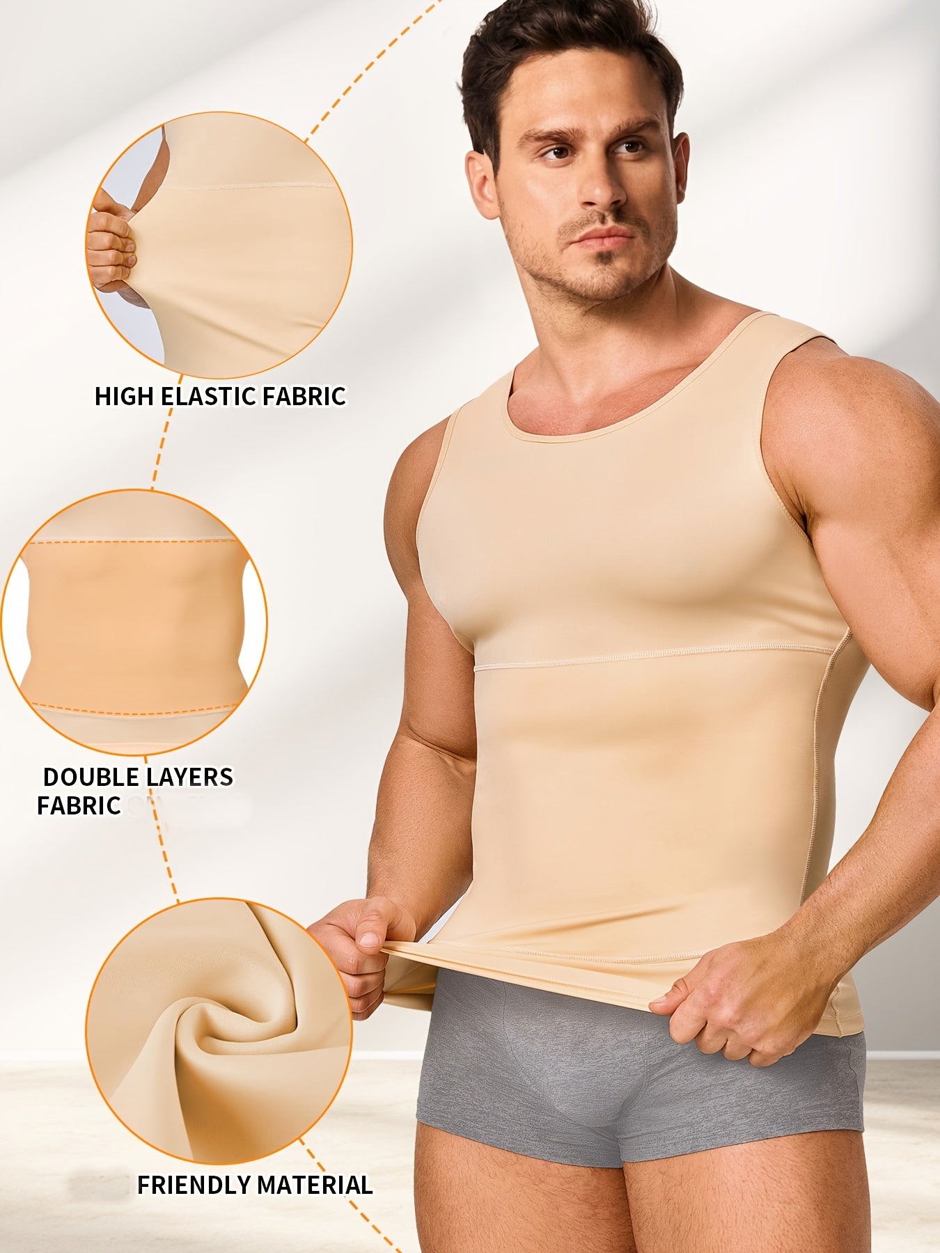 Men' Compression Shirt & Body Shaper Vest - High-Elastic Workout Tank Top with Abdominal Toning, Tight-Fit Shirt Suitable for Gym, Post-Surgery, Year-Round Wear, Solid Color Round Neck Undershirt