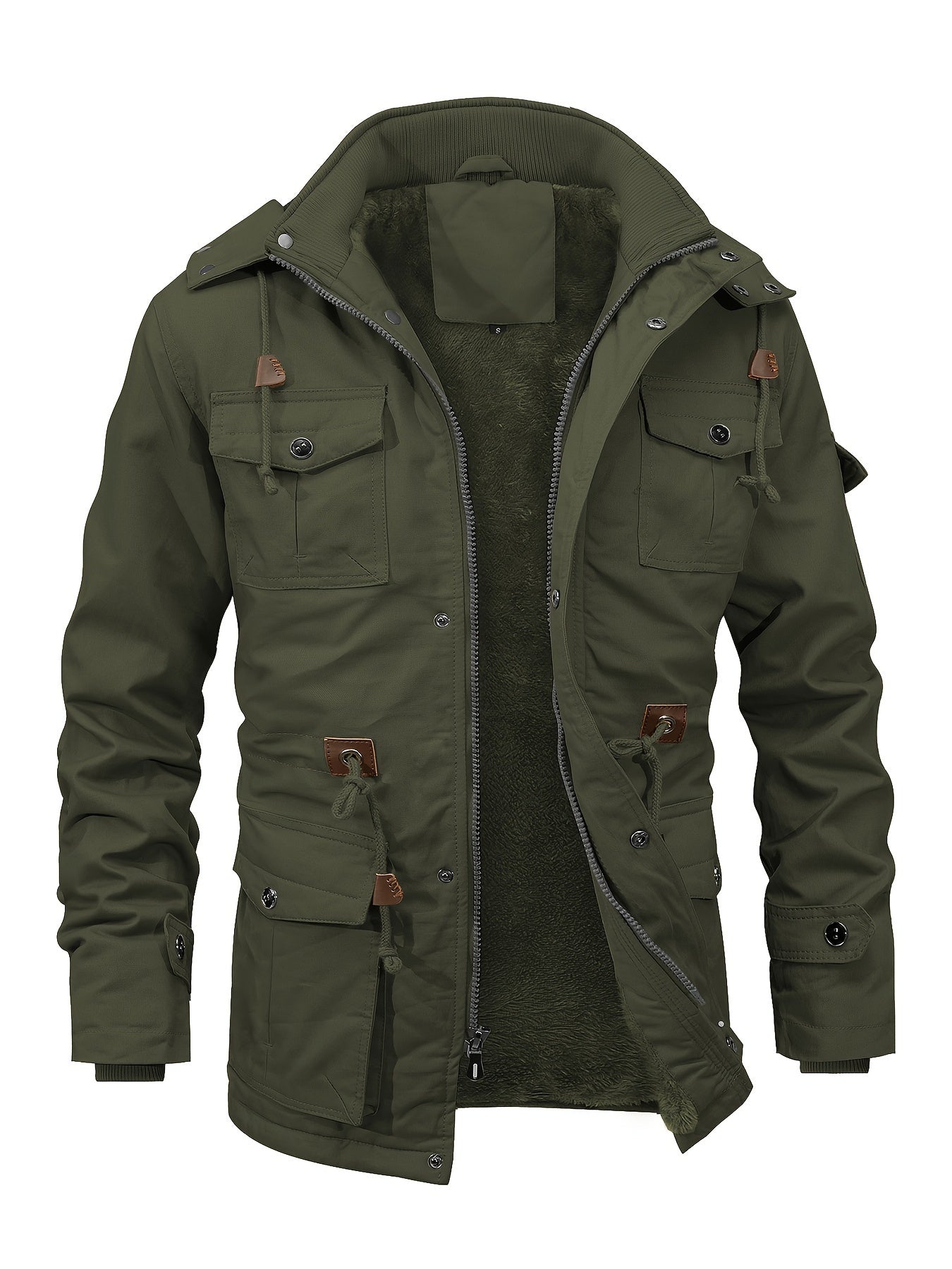 Men'S Jackets Fleece Lined Work Coats Warm Cargo Jackets with Hood