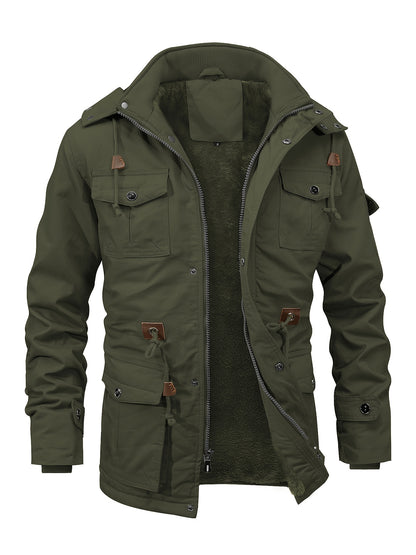 Men'S Jackets Fleece Lined Work Coats Warm Cargo Jackets with Hood