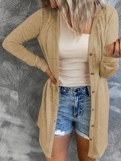 Solid Color Button Front Cardigans, Casual Long Sleeve Long Length Cardigans Top for Spring And Fall, Women'S Clothing