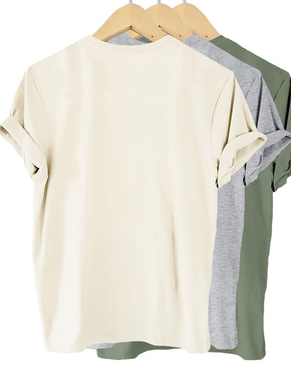 3pcs Pack Solid Color 100% T-Shirt, Summer And Spring Short Sleeve Crew Neck Casual Top, Women'S Clothing