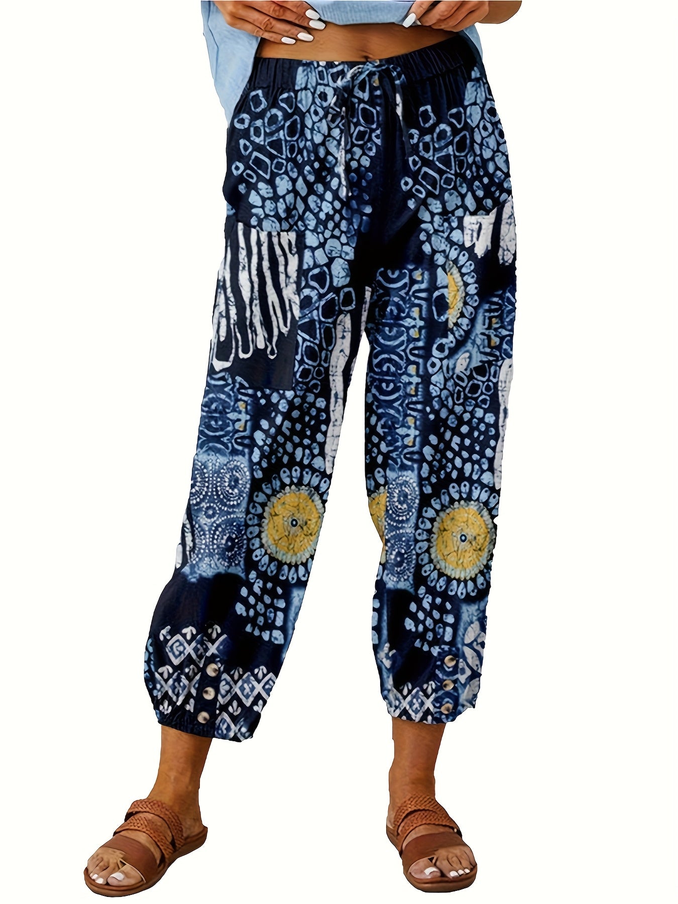 FOEIERAA 3pcs Women's High Waist Jogger Pants, Elastic Waist Retro Print, Loose Comfortable Casual Trousers for Outdoor Commute