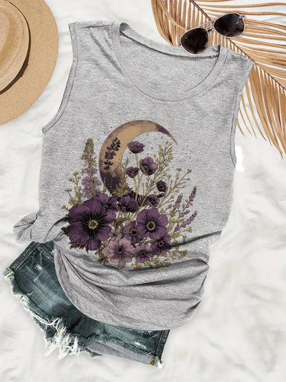 Women's Sleeveless Vest- Gray Purple Floral Crescent Pattern- Lightweight Breathable Summer Beach Party Essential, Machine Washable Casual Top