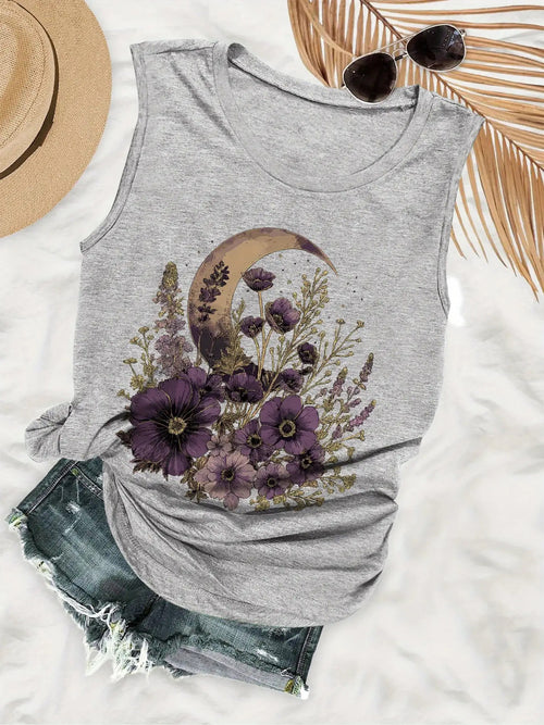 Women's Sleeveless Vest- Gray Purple Floral Crescent Pattern- Lightweight Breathable Summer Beach Party Essential, Machine Washable Casual Top