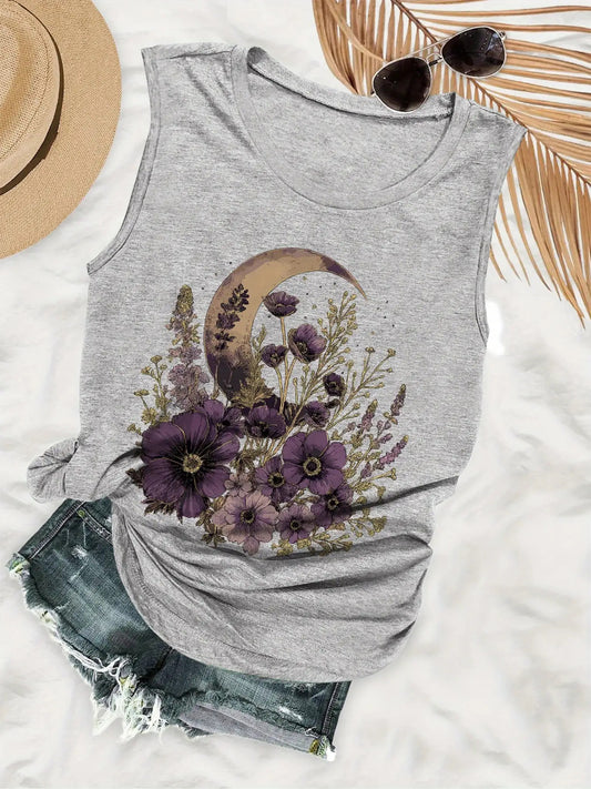 Women's Sleeveless Vest- Gray Purple Floral Crescent Pattern- Lightweight Breathable Summer Beach Party Essential, Machine Washable Casual Top