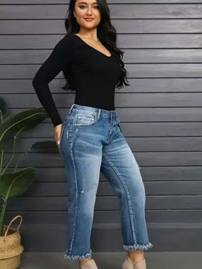 Autumn 2025 New Women's Casual Slim All-match Jeans Tassel Trouser Legs
