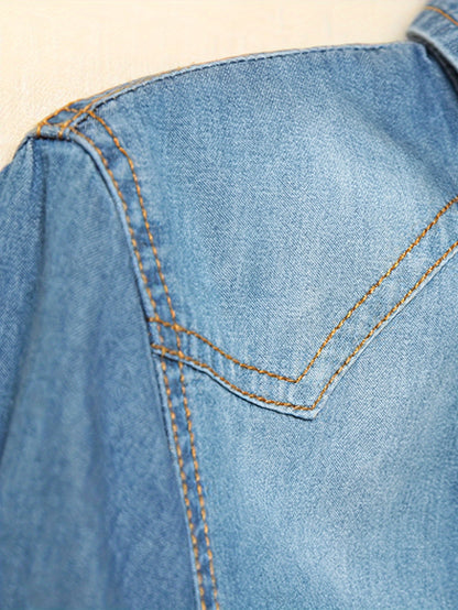 [Denim Crop Top] Chambray Denim Women's Crop Top | Roll Up 3/4 Sleeve Tie Front Knot Shirt