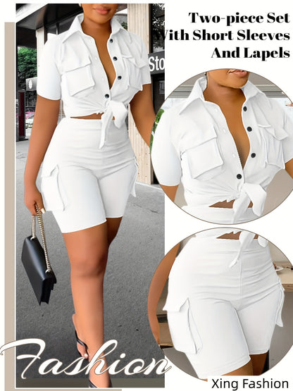 Women 2pcs Outfits Summer Casual Short Sleeve Button Top Biker Shorts with Pockets Solid Color Streetwear Set