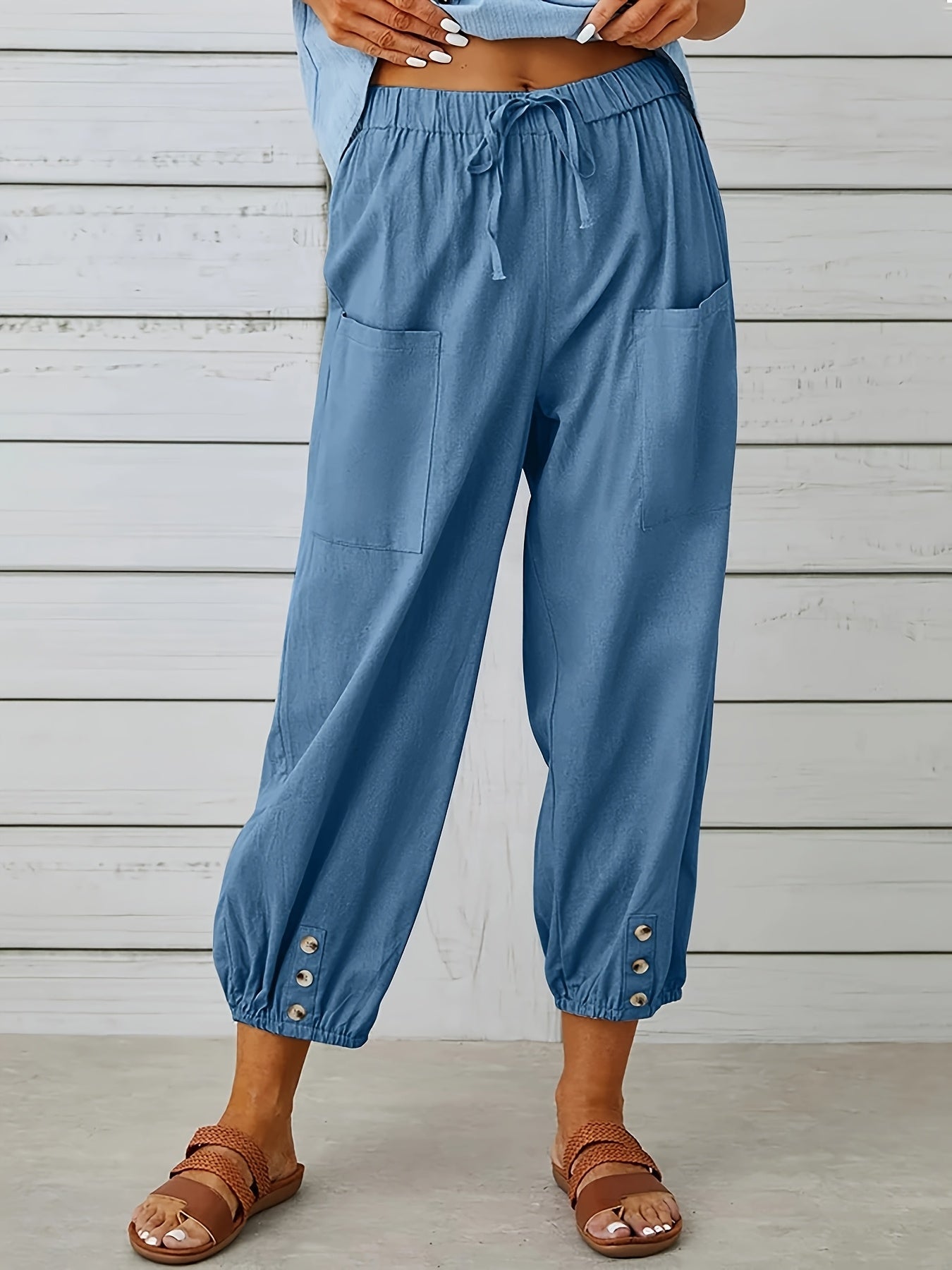 [3pcs Loose-Fitting Pants] Plus Size - 3pcs Loose-Fitting High-Waisted Buttons, Large-Size And Linen Pants, Nine-Point Pants, Wide-Leg Men's And Women's Same Belt Pockets, Convenient For Going Out. Casual Trousers, Elastic Waist