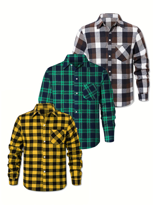 3pcs Plus Size Men's Casual Flannel Button- Shirts - Classic Buffalo Check Pattern, Relaxed Fit with Chest Pockets, Machine Washable, All-Season Comfort for Daily Wear (Black/Green/Orange-Black), Flannel, Long Sleeve Button Casual Shirt, Versatile Wardrob