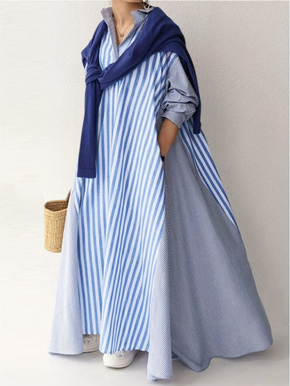 Plus Size - Plus Size - Casual Shirt Dress with Long Sleeves And Striped Stitching Designed for Plus-Size Women