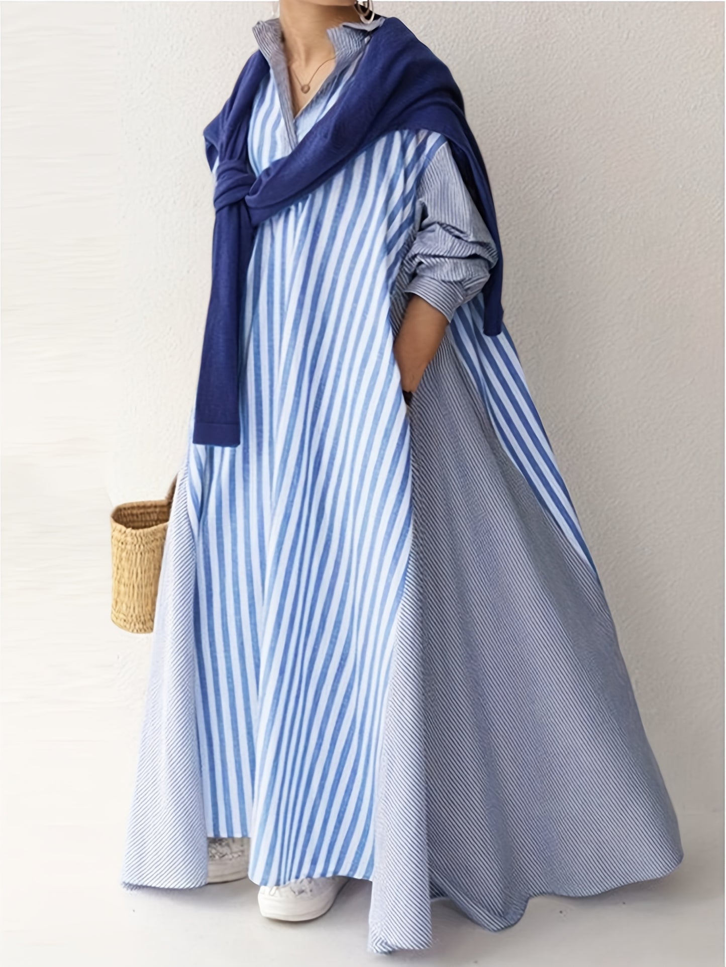Plus Size - Plus Size - Casual Shirt Dress with Long Sleeves And Striped Stitching Designed for Plus-Size Women