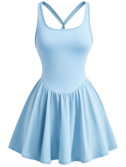 Womens Sleeveless 2-in-1 Athletic Tennis Golf Dress, Underneath Workout Dresses With Built-in Shorts Pocket, Workout Jumpsuits For Women Tummy Control With Double Lined Outfits.