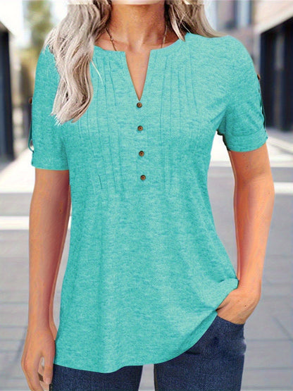 Casual Short-Sleeve Blouse for Women with a Solid Color, Featuring a Pleated Design, Buttoned V-Neck, And a Zipper