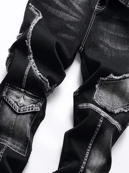 Mid-high Waist Fringed Jeans, Street Style, Solid Color, Suitable For All Seasons.
