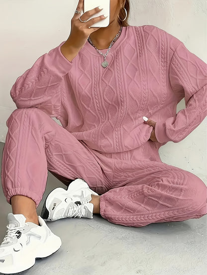 Women's Casual Pullover Two-piece Set, Suitable for Spring And Autumn, Consisting Of A Textured Long-sleeved Top And Jogging Pants