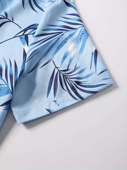 Men's 2pcs Set of Casual Leaf Print Collared Short-Sleeved Button-Up Shirt And Shorts, Suitable for Summer Outdoor Activities