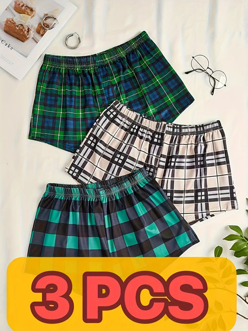 3pcs Plus Size Casual Clothing Shorts Set, Women's Plus Plaid Print Elastic Waist Stretchy Lounge Shorts 3pcs Set