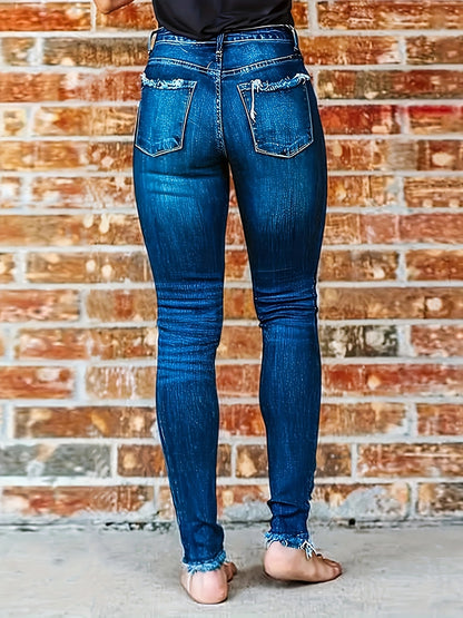 Women's Blue Elastic Denim Leggings with A Fuzzy Edge That Slims The Figure
