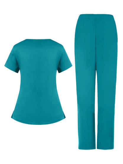 2pcs Women's Breathable V-Neck Work Uniform - Machine Washable Pocket Detail Matching Top & Pants, Casual Work Clothes Suitable for Work Uniforms, Healthcare, Education, Retail - Comfortable Professional Attire