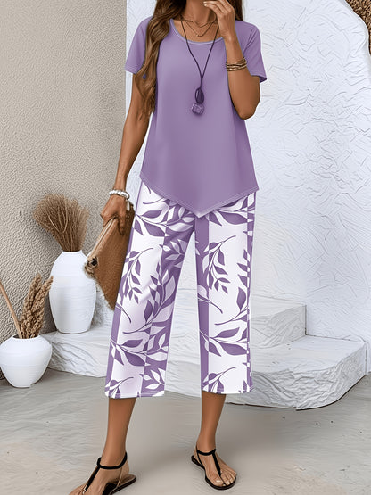 Elegant Casual Sky Blue 2pcs Set for Women Spring & Summer - Short Sleeve Crew Neck Top with Blue & White Leaf Print, Seven-Point Wide-Leg Pants, Loose & Comfortable, Versatile for Daily Wear, Home & Commute