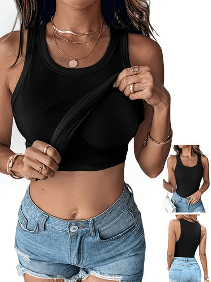 3 Pcs Women's Sleeveless Vest with Chest Pad, Solid Color Elegant Sleeveless Blouses, Hand Washable Non-Fitness, Suitable for Yoga Gym Commuting & Layering, Home Leisure Wear