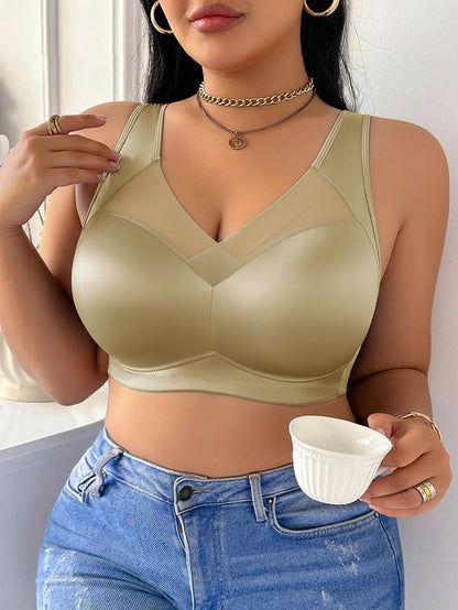 Wire-Free Plus Size Bra for Women - Mesh Design, Glossy Satin Seamless Underwear, Comfortable Breathable Soft Support, Non-adjustable Straps with Non-removable Padding, Nylon Spandex Blend Smooth Plus Size Bra, Perfect for Everyday Casual Wear