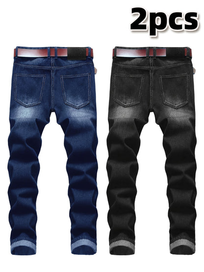 2pcs Men's Slim Fit Distressed Ripped Jeans | Classic Stretch Denim Pants, Trendy Casual Versatile Outfits