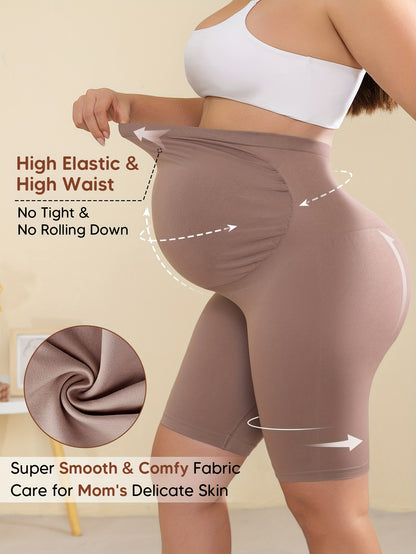Beige High-Waisted Maternity Shorts Featuring Back Support, an Expandable Belly Panel, And a Built-In Band for Comfort During Pregnancy. They Are Breathable And Stretchy with a Ribbed Design, Perfect for Yoga And Casual Wear