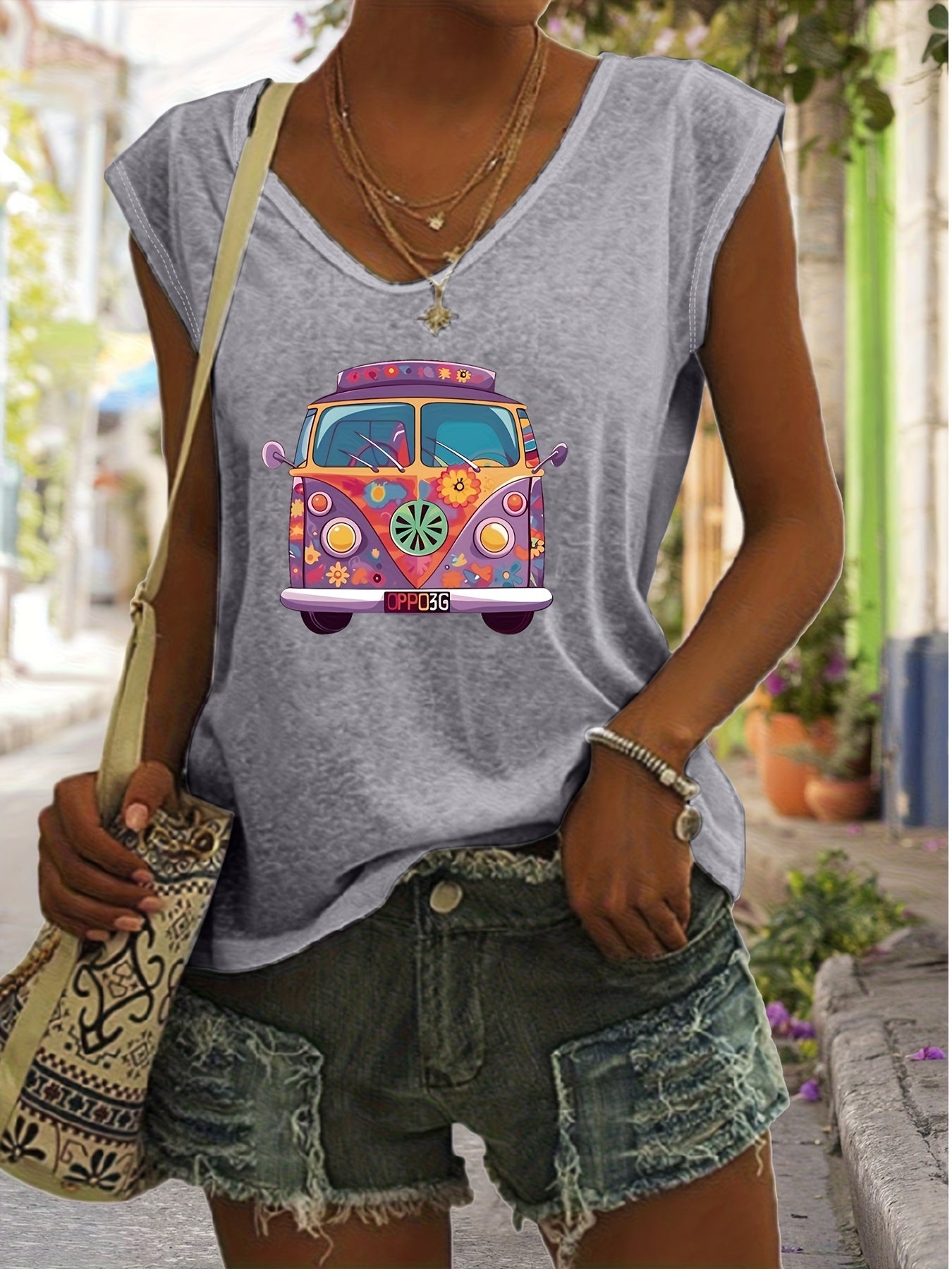 Directional Women'S Simple V-Neck Hippie Rock Print Tank Top