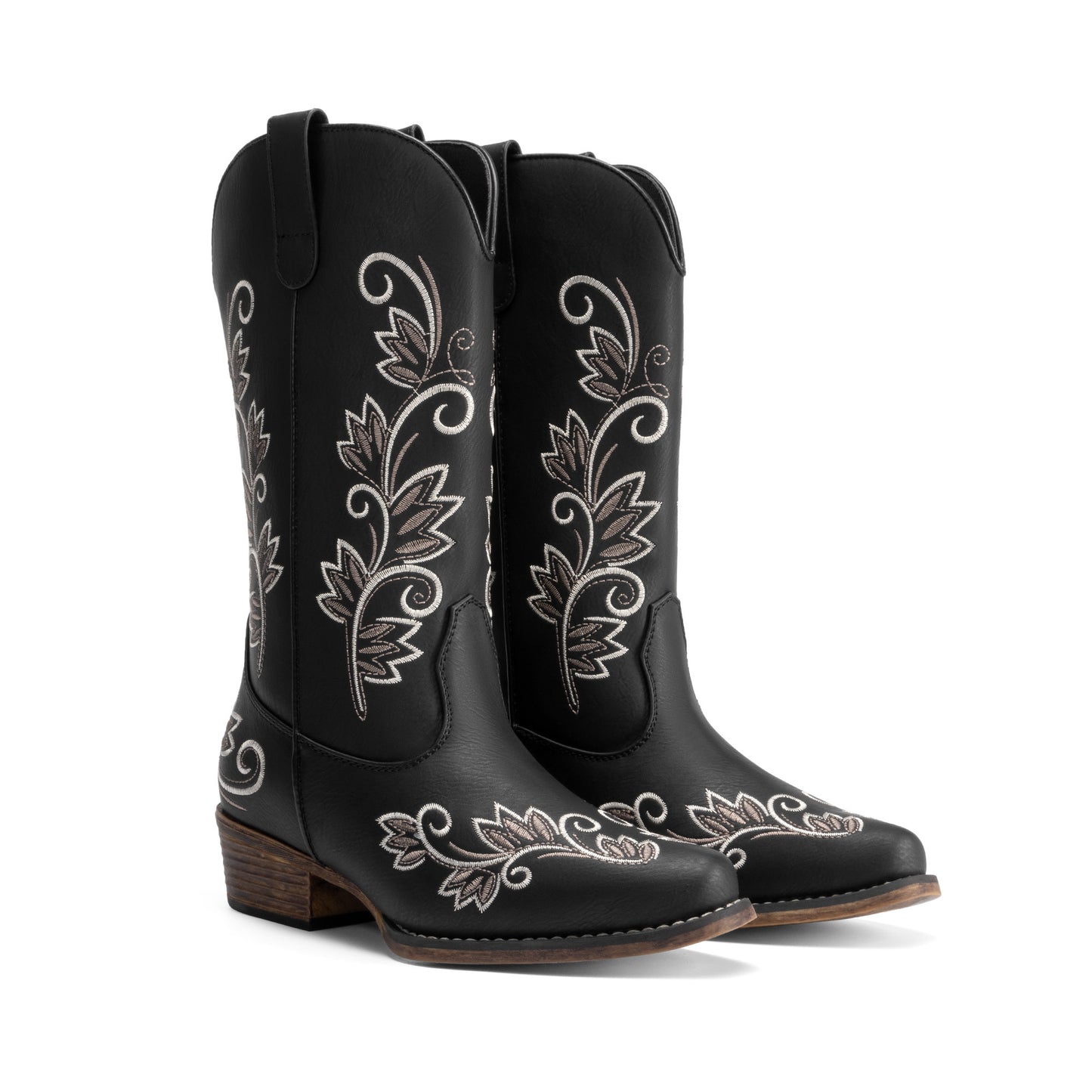 DREAM PAIRS Women's Cowboy Cowgirl Western Mid Calf Boots Square Toe Embroidered Stitched Pull On Country Boots with Low Chunky Heel