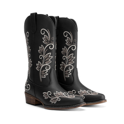 DREAM PAIRS Women's Cowboy Cowgirl Western Mid Calf Boots Square Toe Embroidered Stitched Pull On Country Boots with Low Chunky Heel