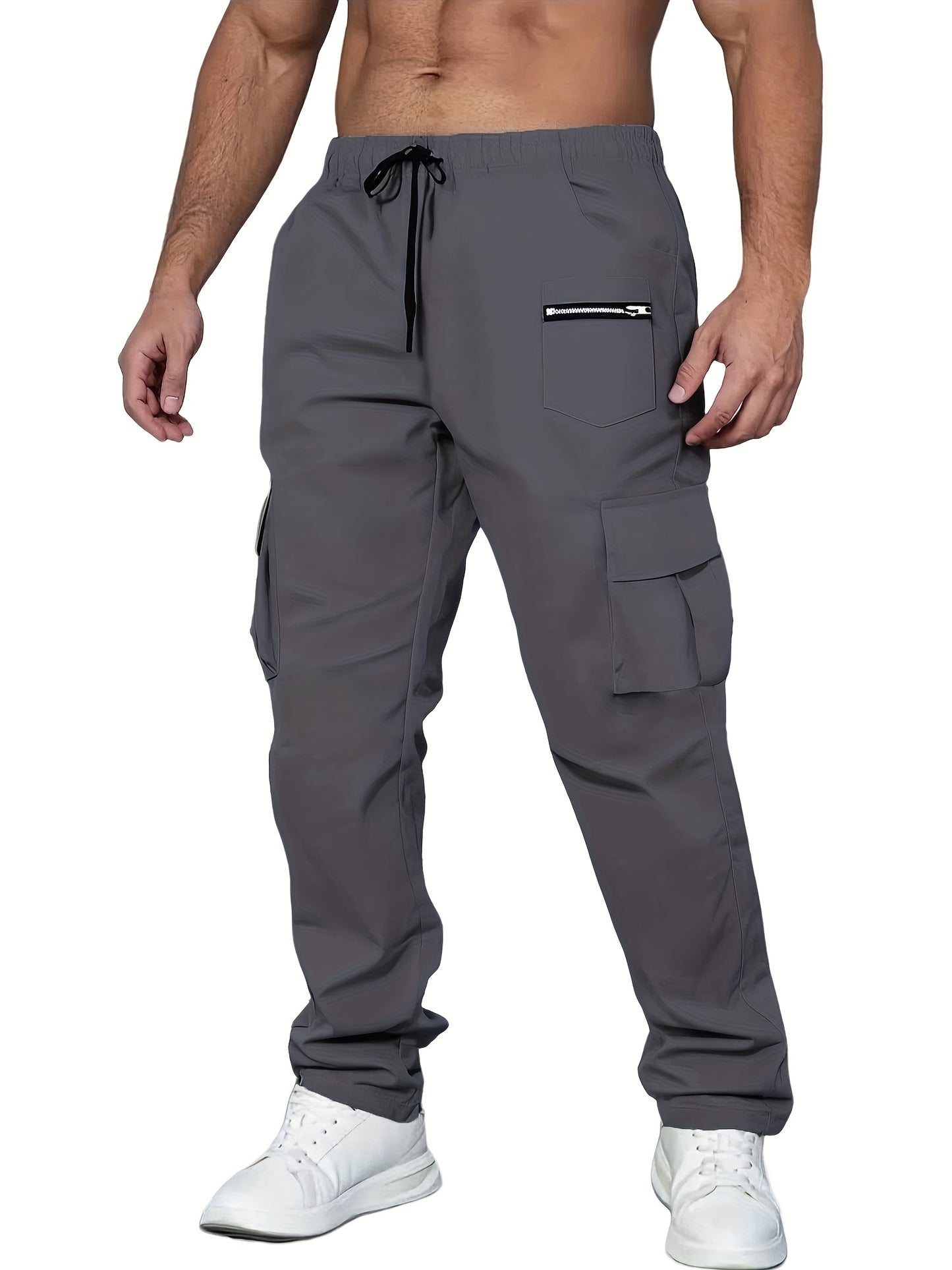 2pcs Men'S Fashion Cargo Pants, Casual Hiking Trousers, Breathable Comfortable Loose Straight Trousers with Multiple Pockets for Spring, Summer, Fall, Winter - Polyester