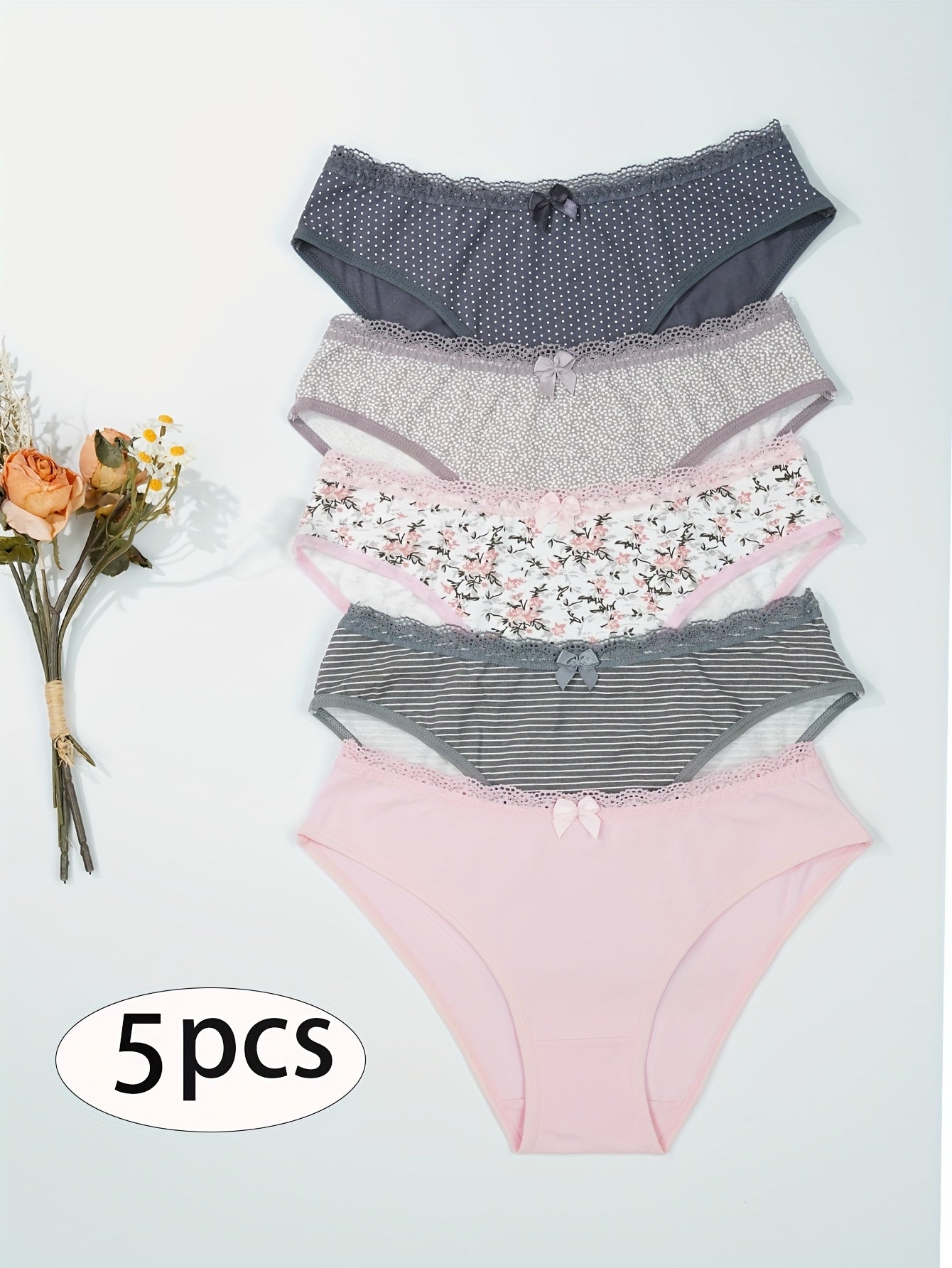 5-Pack Women'S Triangle Panties with Striped and Floral Print, Soft Stretchy 95% Breathable Underwear in Nude Pink - Comfortable & Light Beige-Friendly