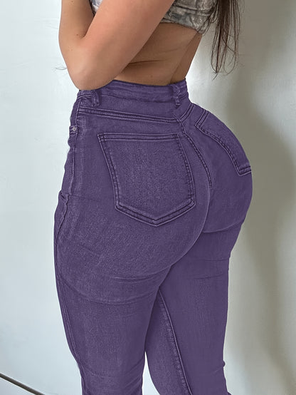 Women'S High Stretch Flare Zipper Jeans - Solid Color Street Style with Pockets, Four Seasons Comfortable Machine Washable Fabric, Functional Fashion Design, Comfortable Fit