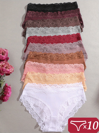 10pcs Women' Soft Breathable Underwear - Low-Rise Lace Briefs, Minimalist Solid Color Non-Sheer Low- Waist Panties, Comfortable Casual Attire Pack (10pcs)