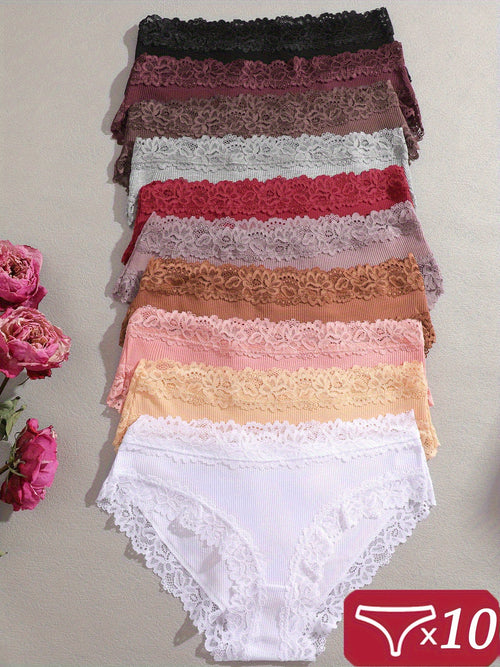 10pcs Women' Soft Breathable Underwear - Low-Rise Lace Briefs, Minimalist Solid Color Non-Sheer Low- Waist Panties, Comfortable Casual Attire Pack (10pcs)