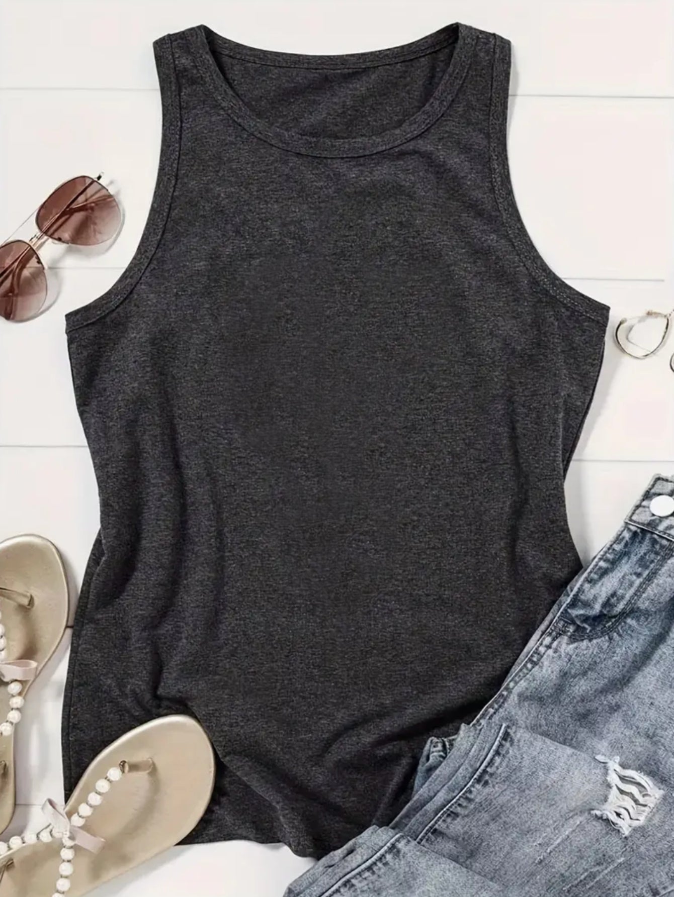 1pc, 180g Fashionable Crew Neck Tank Top - Drawing Printed Top for Women - Casual Short Sleeveless Crew Neck Shirt - Lightweight & Breathable Vest for All Seasons Wardrobe, Polyester