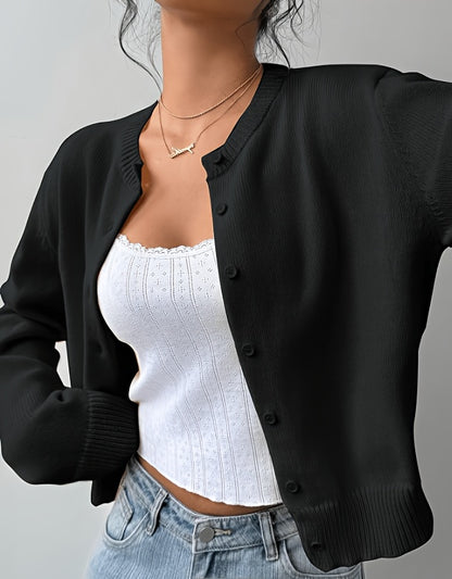 New Spring And Summer Fashionable Elegant Women's Stretch Button Cardigan - High-Elasticity Crew Neck Spring/Autumn Sweater, Hand Wash/Dry Clean Spring And Summer Apparel, Lightweight And Breathable Daily Commute, Sports And Leisure Top, Qqq